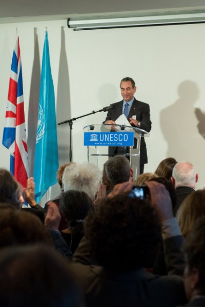 Sir David speaking at the occasion of his dasignation as a UNESCO Goodwill Ambassador 2012. Standing on the right - UNESCO Director General Irina Bokova - October 2012, Paris