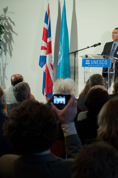 Sir David speaking at the occasion of his designation as a UNESCO Goodwill Ambassador. Standing on the right - UNESCO Director General Irina Bokova - October 2012, Paris