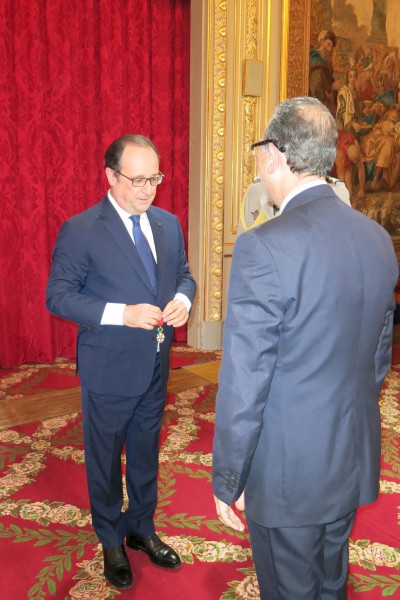 French President Francois Hollande Awarding Sir David the rank of officier in the Ordre national de la Légion d’Honneur at the Elysée Palace, April 2016