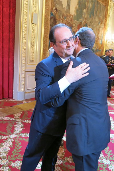 French President Francois Hollande Awarding Sir David the rank of officier in the Ordre national de la Légion d’Honneur at the Elysée Palace, April 2016