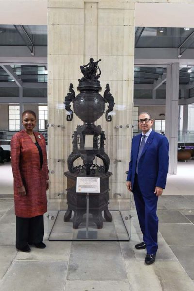 In front of a gift given by Professor Khalili to SOAS in honour of Baroness Valerie Amos, Director SOAS University of London