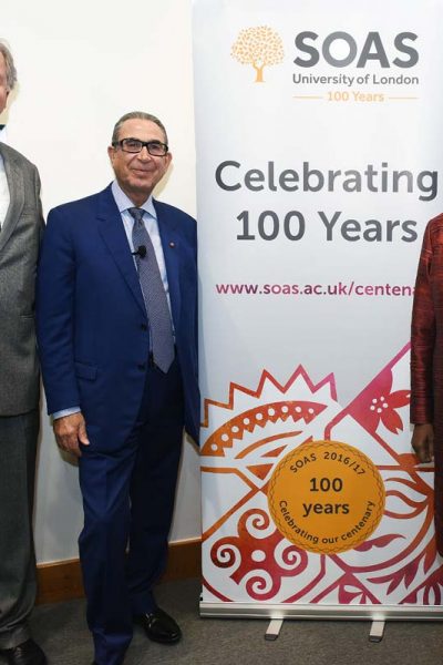 Professor Sir Nasser D. Khalili lectures at SOAS on the preservation of history through art collecting. Photo with Baroness Valerie Amos, Director SOAS University of London and Scott Redford, Nasser D Khalili Professor of Islamic Art and Archaeology, SOAS University of London