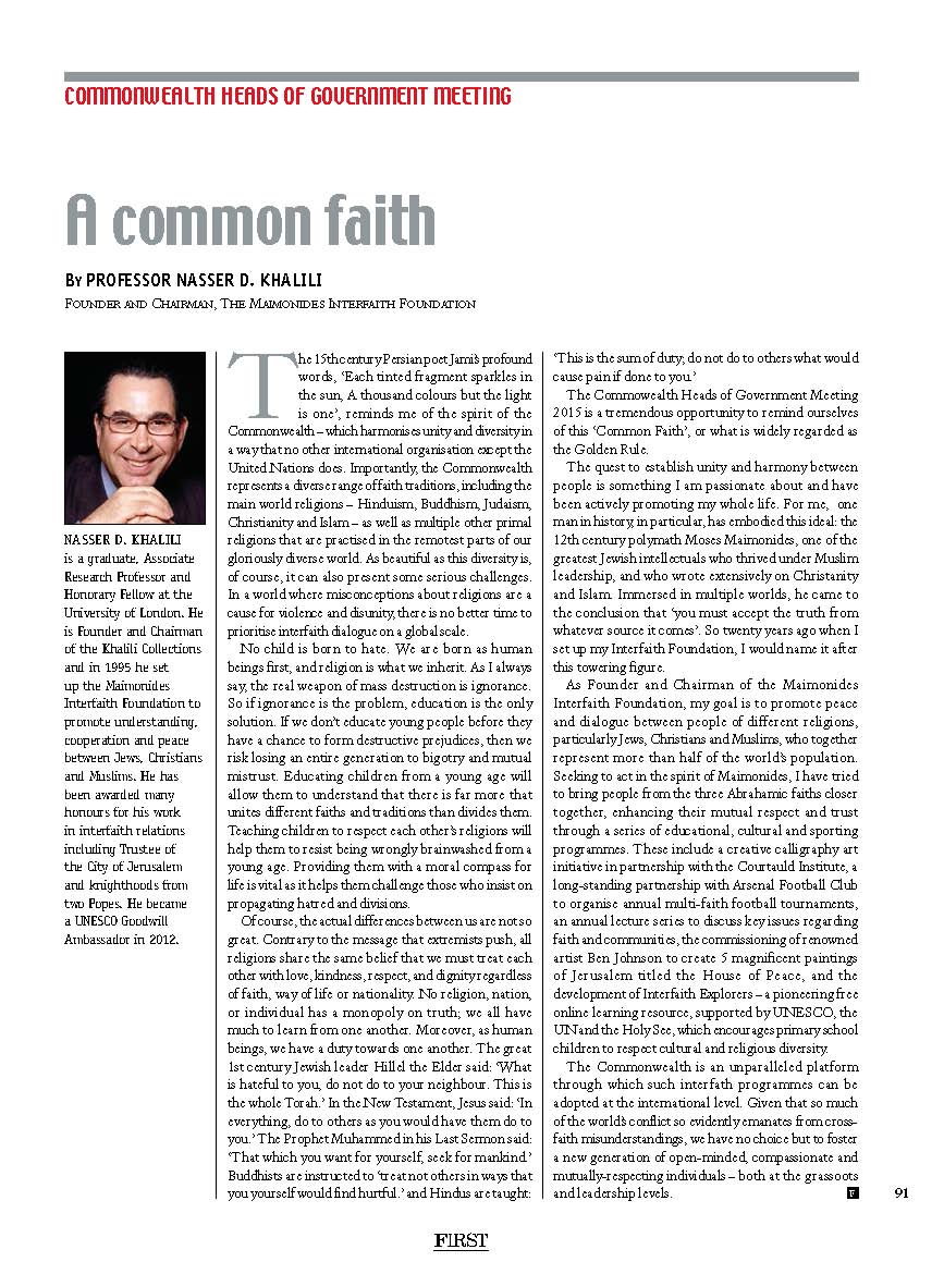 A COMMON FAITH BY PROFESSOR NASSER D. KHALILI – FIRST MAGAZINE