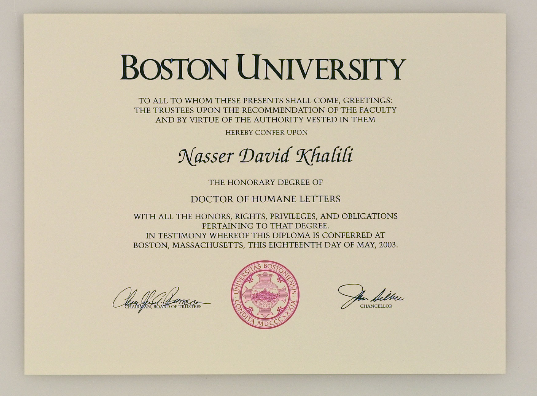 Honorary Degree Doctor of Humane Letters, Boston University