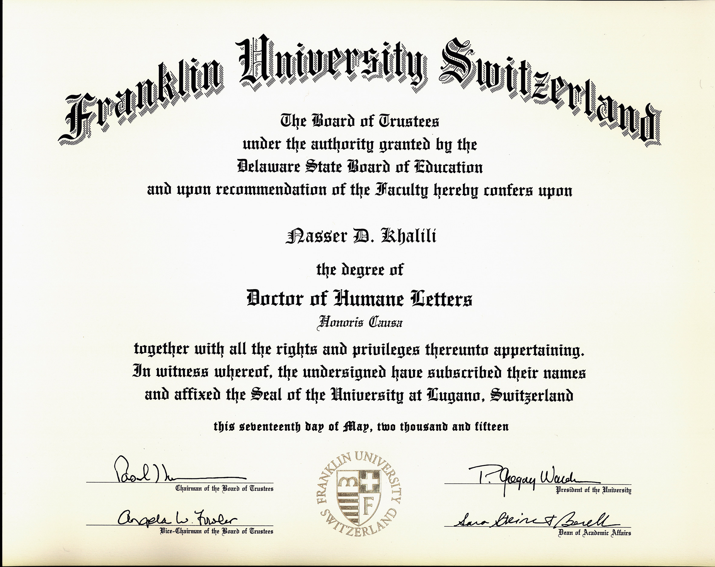 Honorary Degree, Doctor of Humanities, Honoris Causa, Franklin University, Lugano, Switzerland
