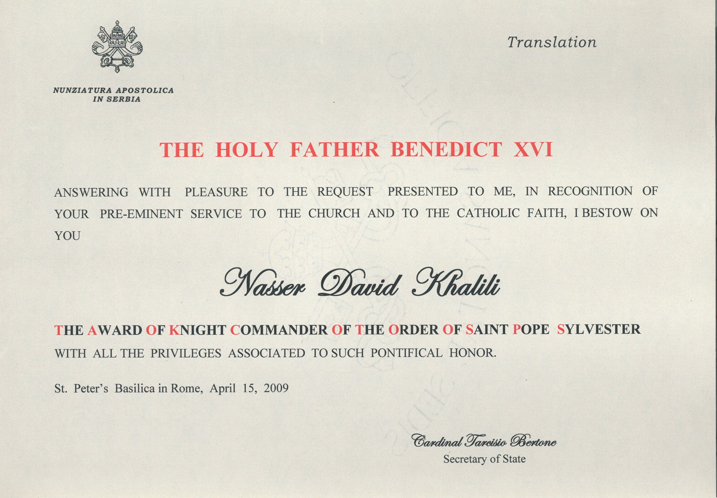 Knight Commander of the Pontifical Equestrian Order of St Sylvester (KCSS)