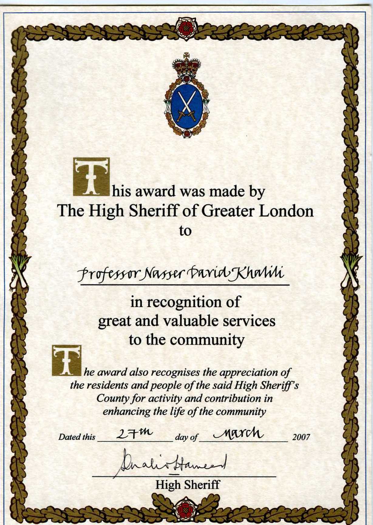 High Sheriff of Greater London Award