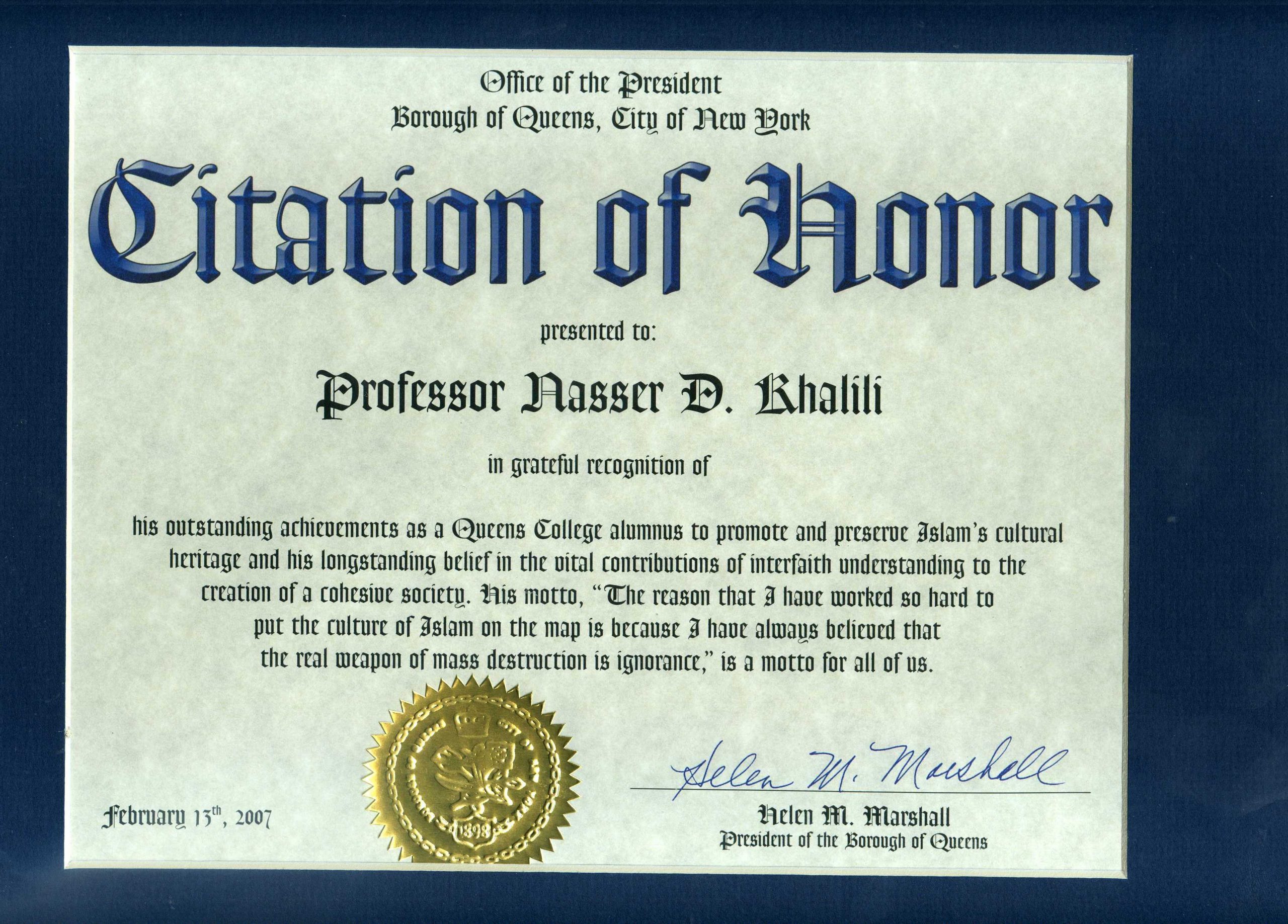 Citation of Honour – Borough of Queens City of New York